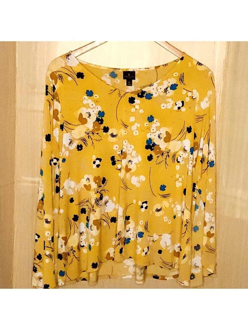 Worthington Womens Plus Yellow Floral Bell Sleeve Stretchy Top 0X